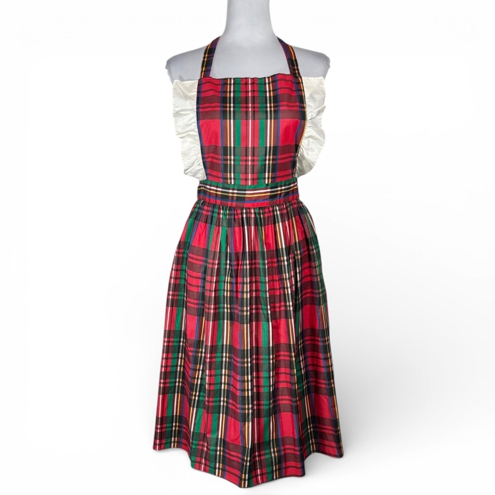 Vintage 70s Plaid‎ Pinafore Apron Dress Ruffle Bib Tie Back Lady One Size USA